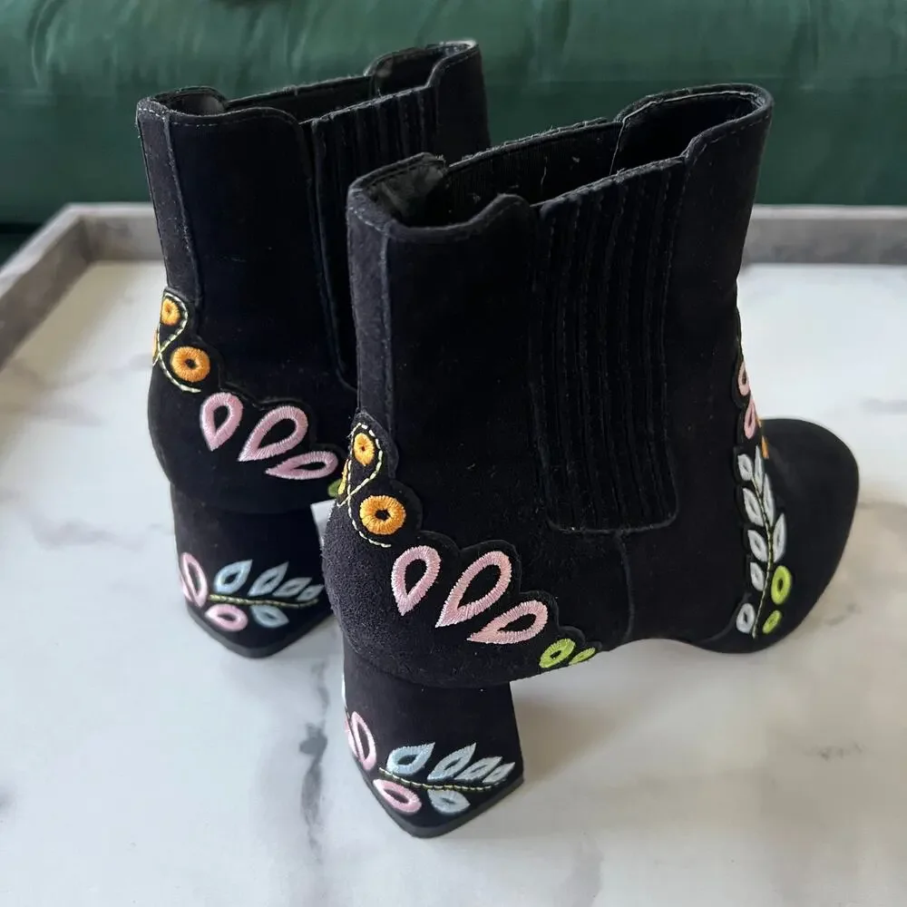 Sophia Webster Liliana Black Suede Embroidered Booties Size 38.5